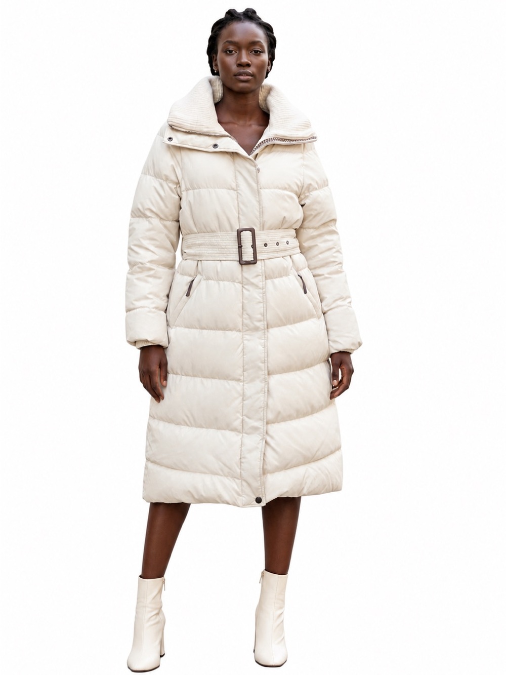 UGG Australia Long Down Puffer Coat Ivory Belted Wool Collar Size L